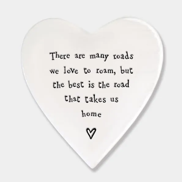 Porcelain Heart Coaster - There Are Many Roads We Love To Roam - East Of India - 10x11x0.5cms