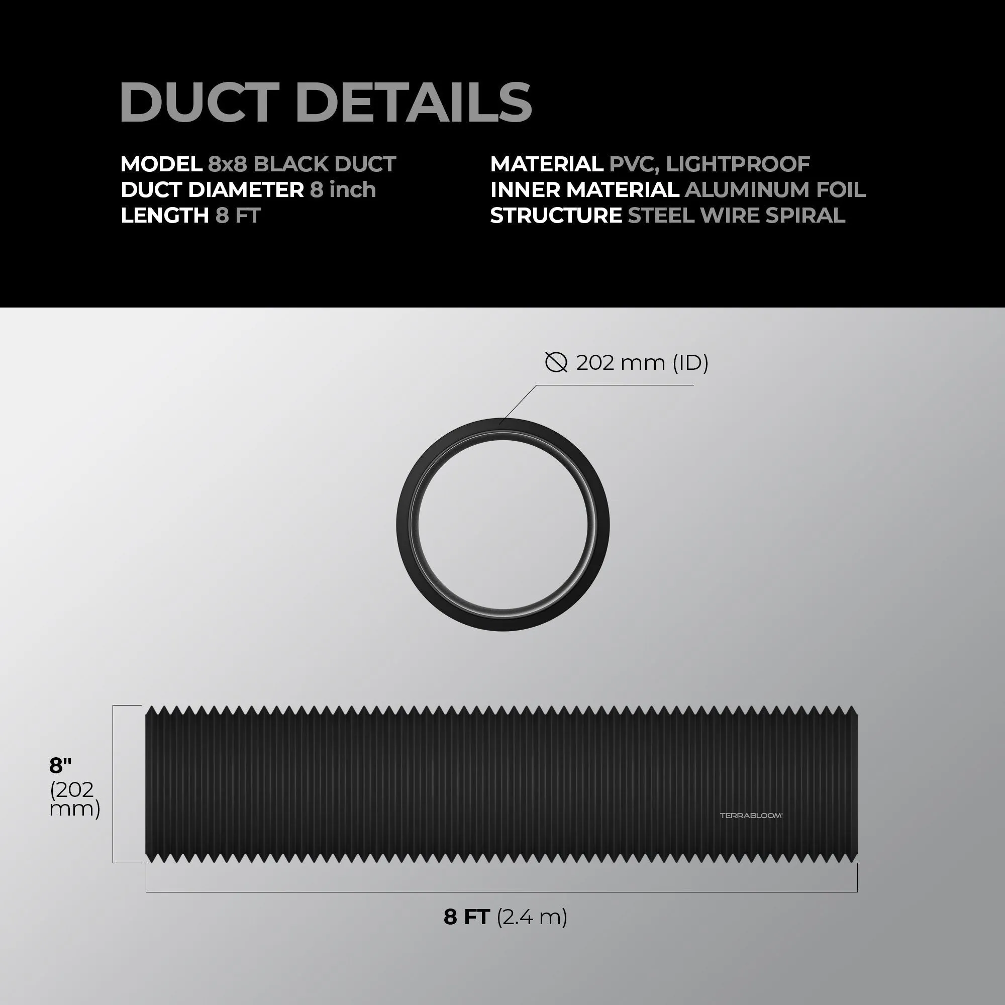 TerraBloom 8" Air Duct - 8 FT Long, Black Flexible Ducting with 2 Clamps