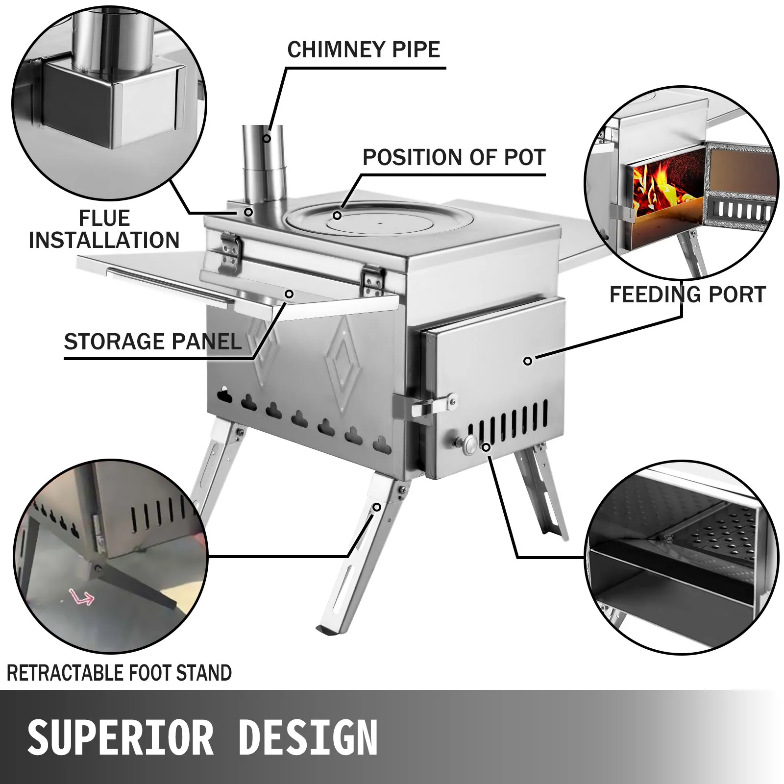 VEVOR Tent Wood Stove 17.5x14.7x10.6 inch - Camping Wood Stove 304 Stainless Steel